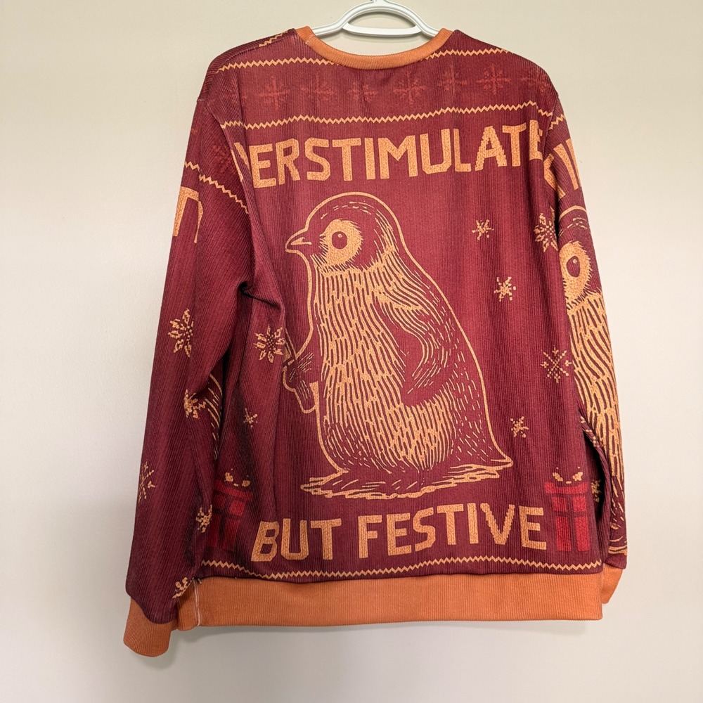 Overstimulated But Festive Penguin Knife Holiday Sweatshirt Burgundy Orange XL - Picture 5 of 5